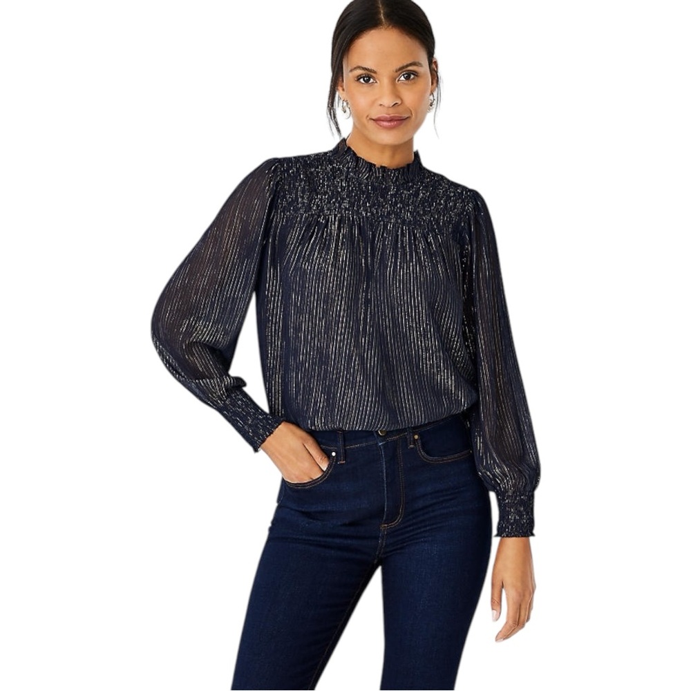 Ann Taylor‎ Shimmer Stripe Smocked Blouse Blue Gold